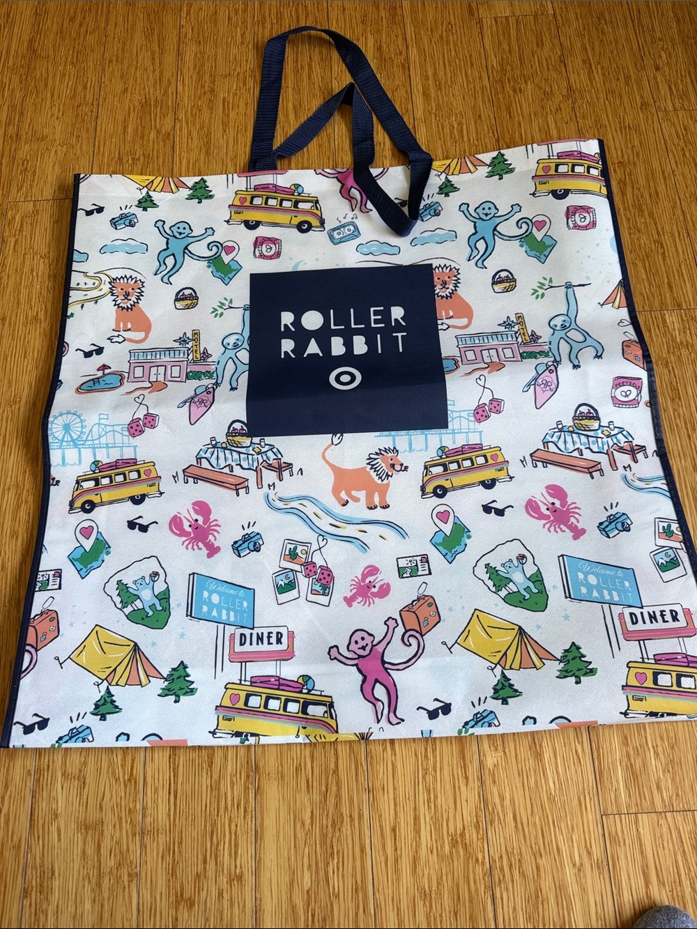 Roller Rabbit White Illustrated Tote with Navy Logo Panel and Navy Handles